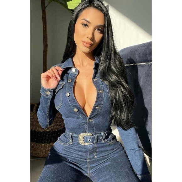 Blue Denim Jeans Long Sleeve Belted Bodycon Jumpsuit Playsuit - Picture 12 of 13